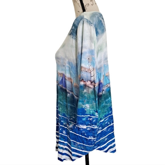 SOLD Karen Kane abstract art to wear boats on ocean stretchy blouse top size 1X - Picture 9 of 15